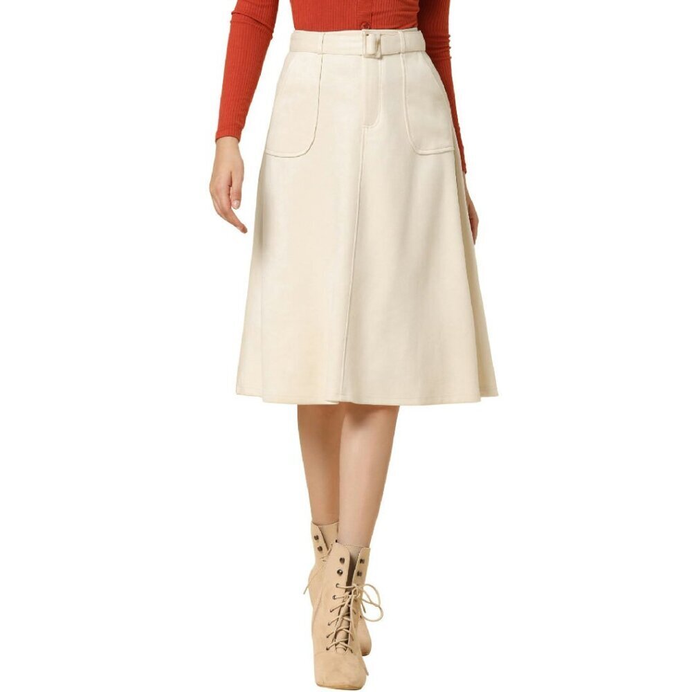 Faux Suede A-Line Midi Skirt with Belt, Patch Pockets, Stretch